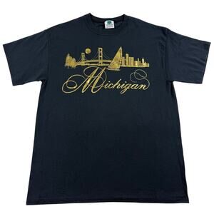 Vintage Michigan Mackinac Bridge Lake Sailboat Gold Embossed Striped Shirt XL